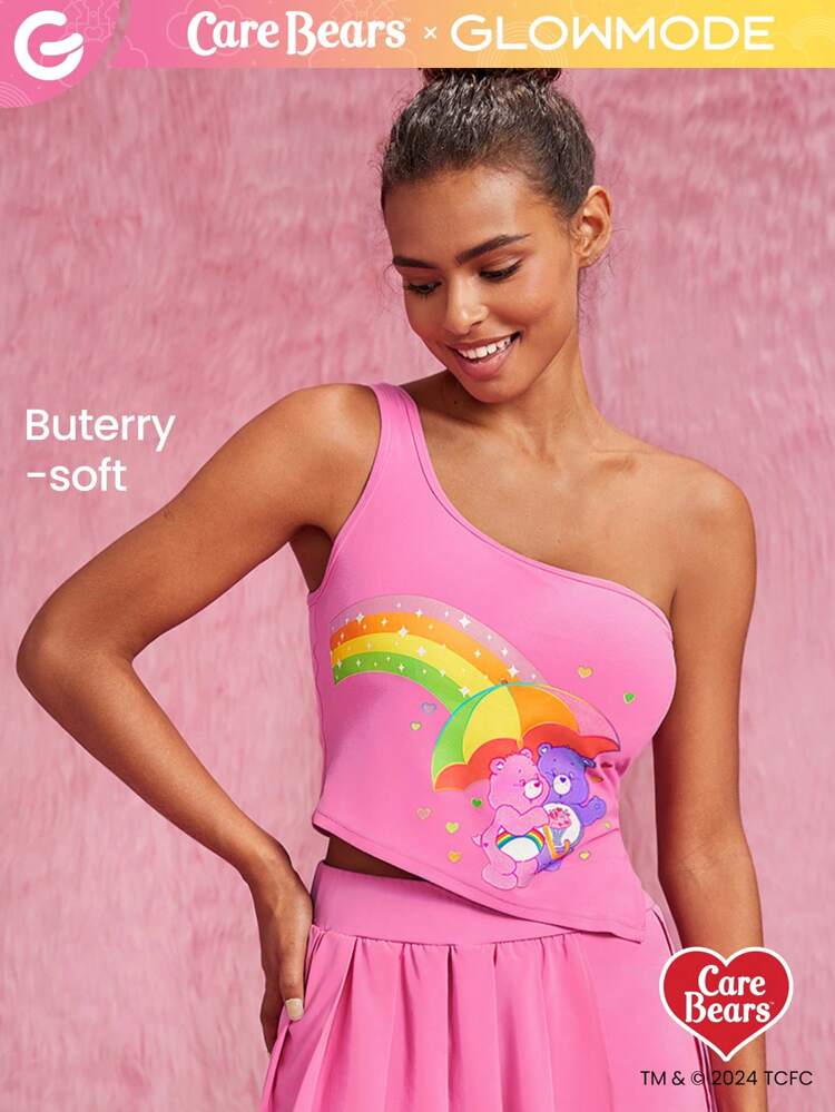 GLOWMODE X Care Bears™ FeatherFit™ One-Shoulder Side Slit Sports Tank Top Low Impact Yoga Daily