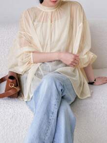 DAZY 小高領燈籠袖薄透歐根紗襯衫 - 米色 - 查看 3