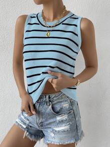 Chiquease Summer Casual Striped Color Block Sleeveless Knitted Top