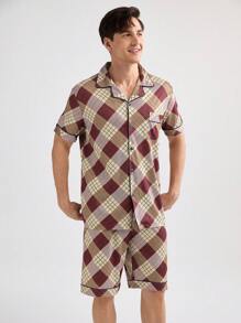 Men's Fashion Plaid Short Sleeve Shirt And Pants Homewear Set - Red - View 3