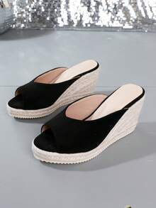 女士高跟楔形鞋及厚底鞋，時尚性感的黑色編織亞麻波西米亞風格增高鞋，適用於婚禮、新娘、答謝、T類舞台演出、模特表演等場合 - 黑色 - 查看 6