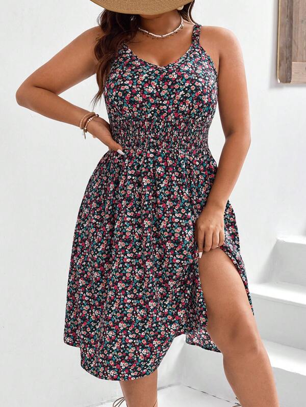 SHEIN Frenchy Vestido de tirantes estampado de estilo vacacional bohemio para mujer de talla grande