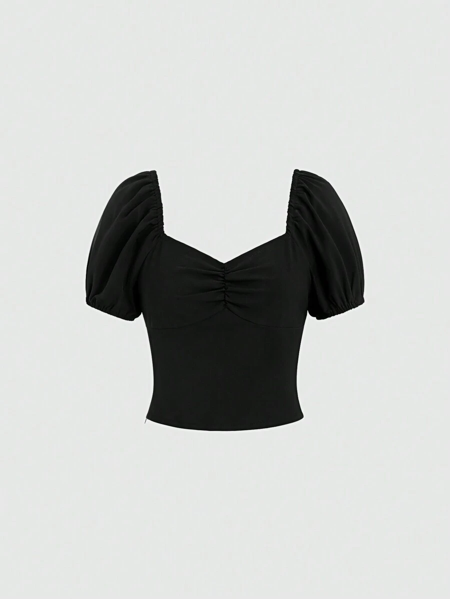 SHEIN Unity Camisa de mujer de manga corta sencilla de unicolor para uso diario - Negro - Ver 1