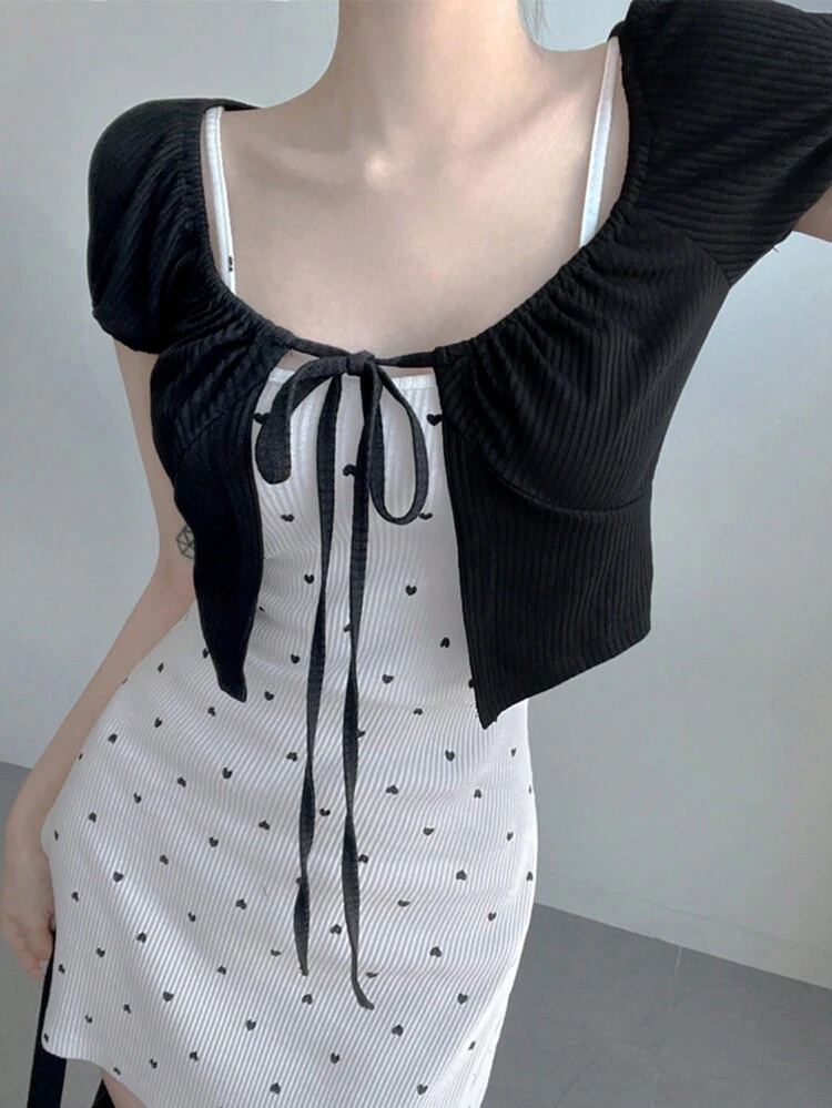Women's Summer Casual Love Print Tank Dress & Solid Color Crop Top Two-Piece Set