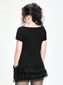 ROMWE Goth 性感街頭龐克哥德字母蝴蝶玫瑰藤花翅膀修身針織彈力女T恤