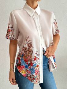 EURMUSE Floral Print Button Down Shirt Dress - Multicolor - View 4