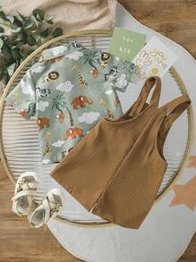 嬰兒男童夏季卡通動物印花短袖襯衫和工裝褲休閒套裝 - 彩色 - 查看 2