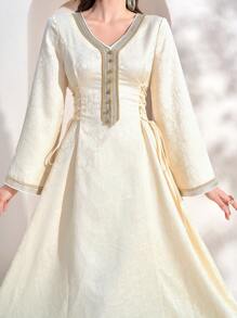 Women's V-Neck Color Block Lace Up Elegant Long Sleeve Arabian Dress - Apricot - View 2