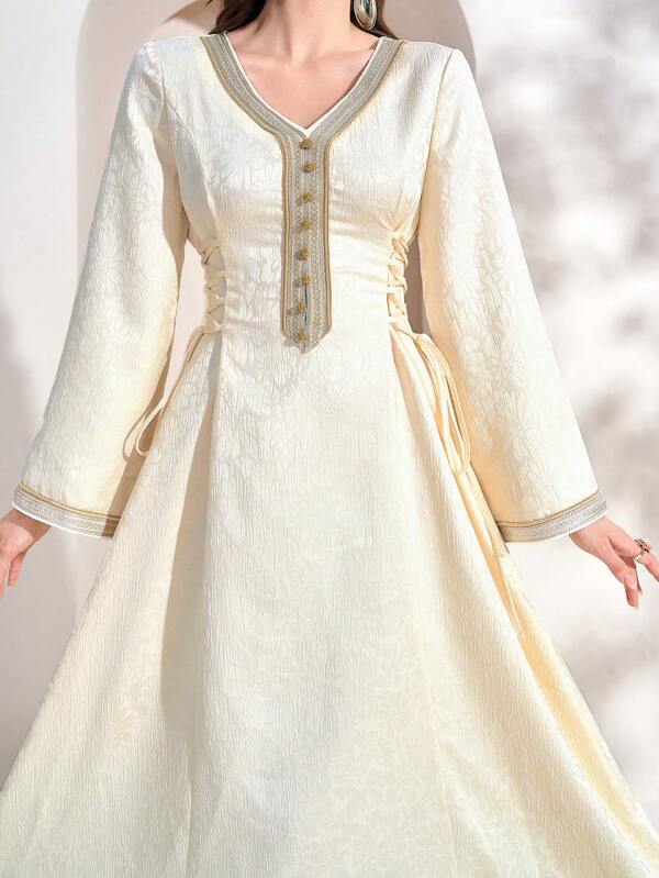 Women's V-Neck Color Block Lace Up Elegant Long Sleeve Arabian Dress