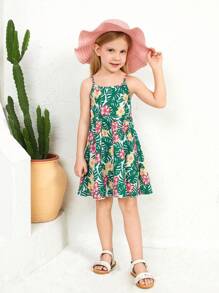 SHEIN 女小童1入組樹葉和花卉圖案帶洋裝適合夏天