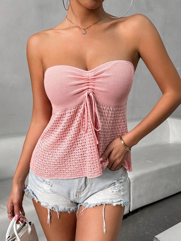 Summer Casual Solid Color Drawstring Halter Knitted Top