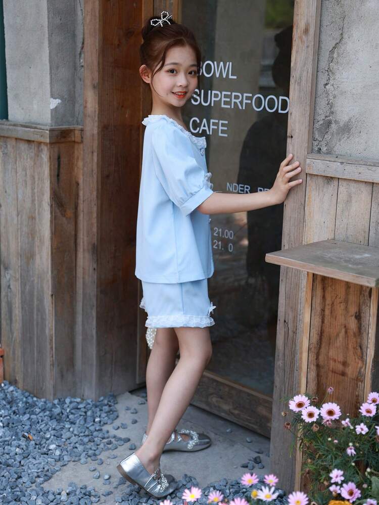 Tween Girl New Light Blue Cute Faux Pearl Collar Top And Shorts Set With Bow Accent, Mommy And Me Matching Outfits (2 Sets Sold Separately)