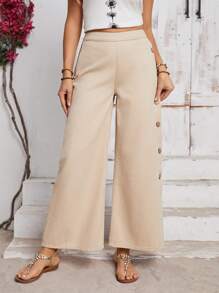 SHEIN LUNE Jeans casuales de uso diario a juego con botones de unicolor y aberturas - Beis - Ver 5