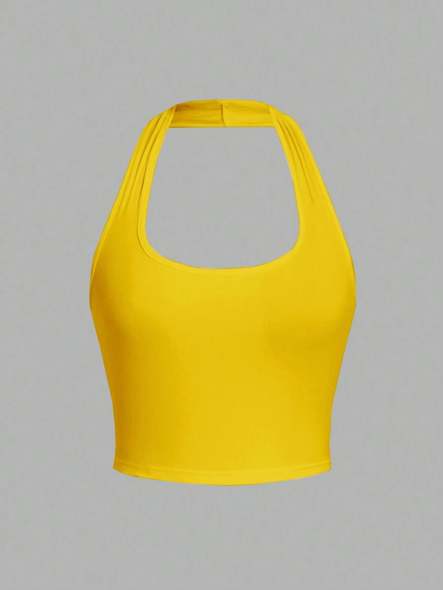 SHEIN EZwear 女士无袖露脐上衣，V领设计，适合夏季返校季穿着 - 黃色 - 查看 1