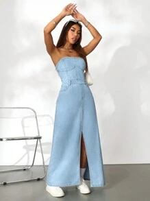 SHEIN EZwear Women's Denim Strapless Dress Casual Split Thigh Open Back Dress, Blue - Blue - View 5