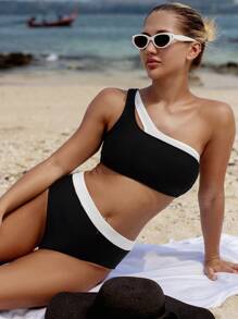 Swim Vcay Women's Summer Beach Color Block One Shoulder Sexy Bikini Set - Black and White - View 4