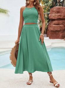 SHEIN VCAY Solid Color Texture Casual Two Pieces Beach Set For Vacation - Mint Green - View 6