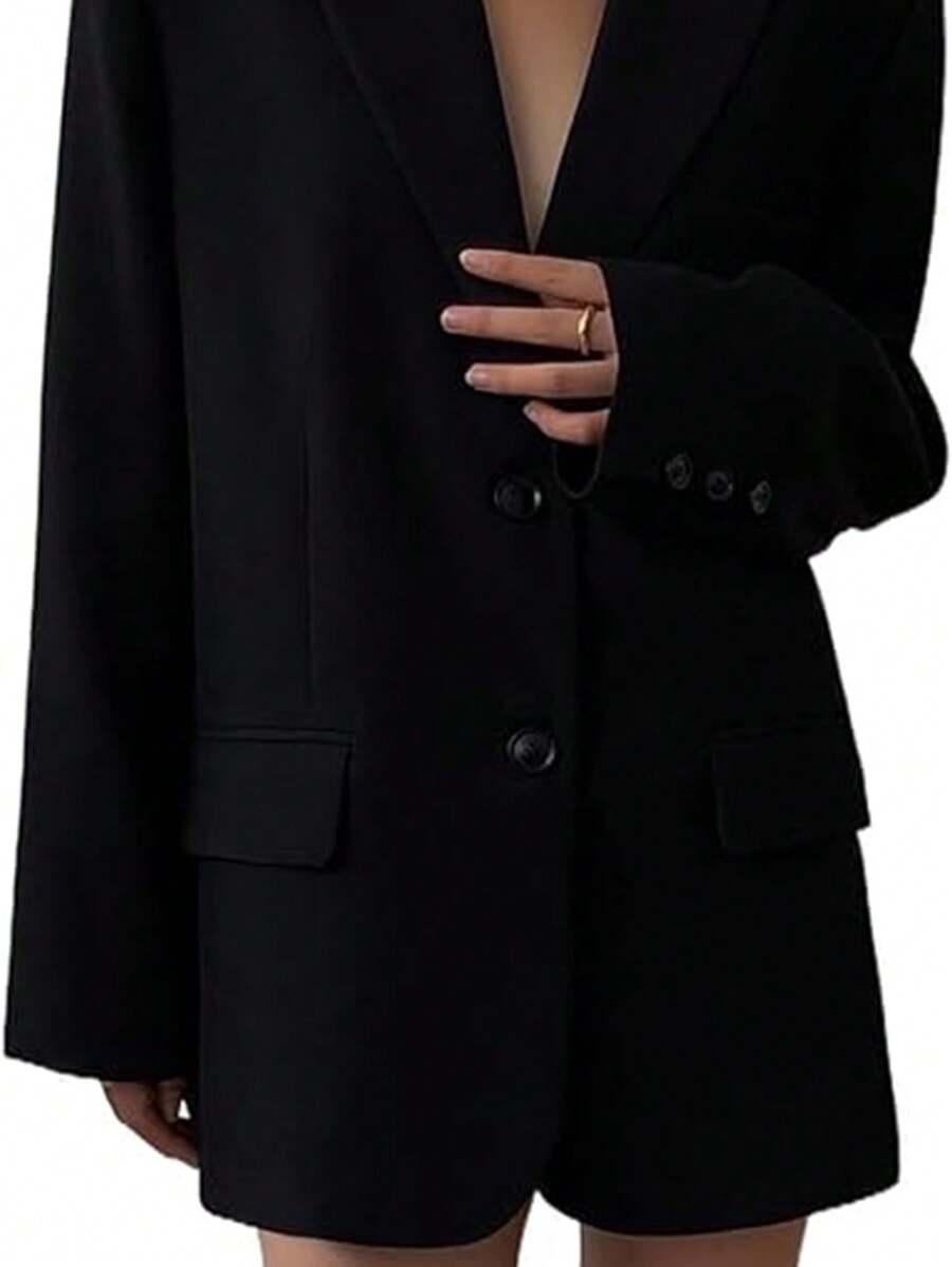 Chiquease Women's Notched Lapel Single Breasted Long Sleeve Blazer - Black - View 1