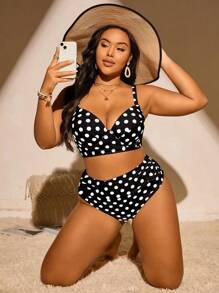 Swim Mod Plus Size Polka Dot Print Vacation Swimwear Bikini Set With Swimming Top And Bottom Summer