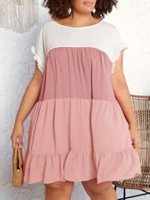 SHEIN CURVE+ Robe d"été grande taille de style vacances plage avec manches à volants et col rond bicolore en A - Multicolore - Voir 3