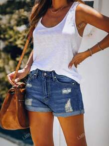 Summer Casual Distressed Elastic Cuffed Denim Shorts