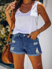 Summer Casual Distressed Elastic Cuffed Denim Shorts