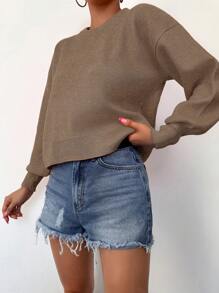 RueChic Solid Drop Shoulder Bishop Sleeve Sweater - Khaki - View 5