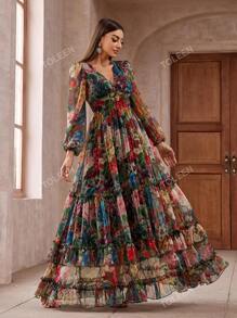 Women's Vintage Floral Long Sleeve Frill Trim Summer Dress