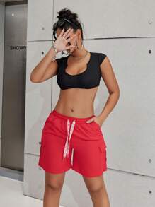 Rave Street Solid Contrast Drawstring Elastic Waist Flap Pocket Straight Leg Spring Casual Cargo Shorts - Red - View 6