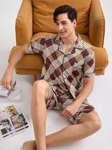 Men's Fashion Plaid Short Sleeve Shirt And Pants Homewear Set - Red - View 7