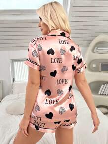 LuxeNights Silk-Like Heart Printed Short Sleeve Top & Shorts Pajama Set, With Lapel Collar And Front Open Design - Coral Orange - View 2