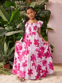 Vestido de manga corta de gasa con estampado floral para niñas preadolescentes de vacaciones, casual, para primavera/verano. Conjunto a juego entre madre e hija (Se venden por separado 2 piezas) - Multicolor - Ver 7