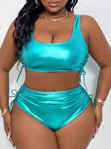 Slaydiva Plus Size Ladies' Solid Color Simple Everyday Bikini Set Summer - Cadet Blue - View 3