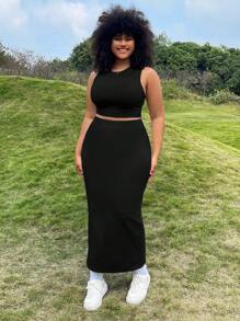 SHEIN EZwear 淺色針織女士上衣和裙子套裝 - 黑色 - 查看 7