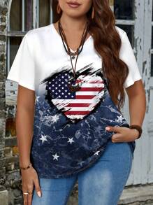 EMERY ROSE Women's Plus Size Casual Independence Day Pattern V-Neck Short Sleeve T-Shirt, Summer