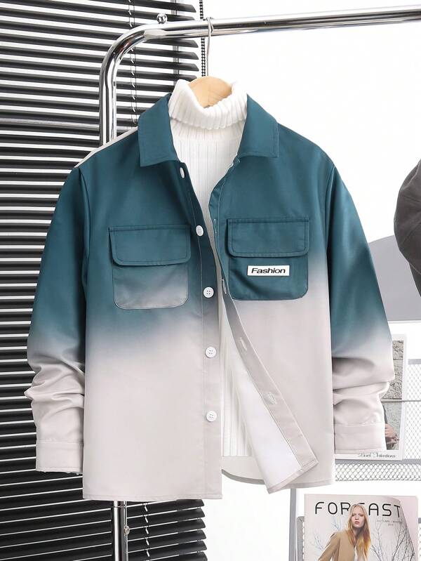 Tween Boy Casual Gradient Printed Badge Pocket Turn-Down Collar Open Front Long Sleeve Woven Lightweight Jacket