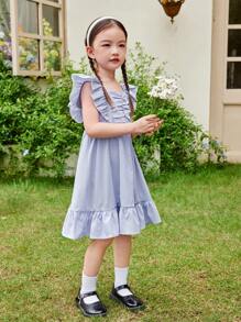 SHEIN Young Girl Striped Casual Midi Dress With Ruffle Trim And Bow Decoration - Purple - View 5