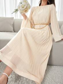 Modelyn Women's Solid Color Pleated Summer Arabic Style Long Sleeve Dress With Round Neckline, Elegant