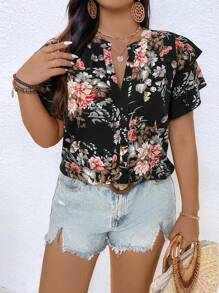 SHEIN Plus Size Women's Summer Holiday Floral Printed Notch V-Neck Ruffle Short Sleeve Blouse - Black - View 4