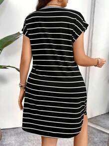 SHEIN LUNE Plus Size Black And White Round Neck Striped Midi Dress, Summer - Black - View 2