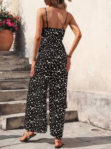 SHEIN LUNE Summer Allover Print Wide-Leg Jumpsuit With Spaghetti Straps (Random Cut Printing) - Black - View 2