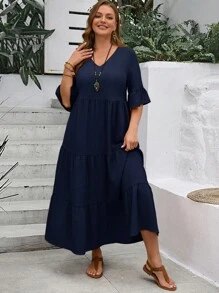 EMERY ROSE 夏季加大碼女裝深V領荷葉袖多層下擺長款黃色連衣裙