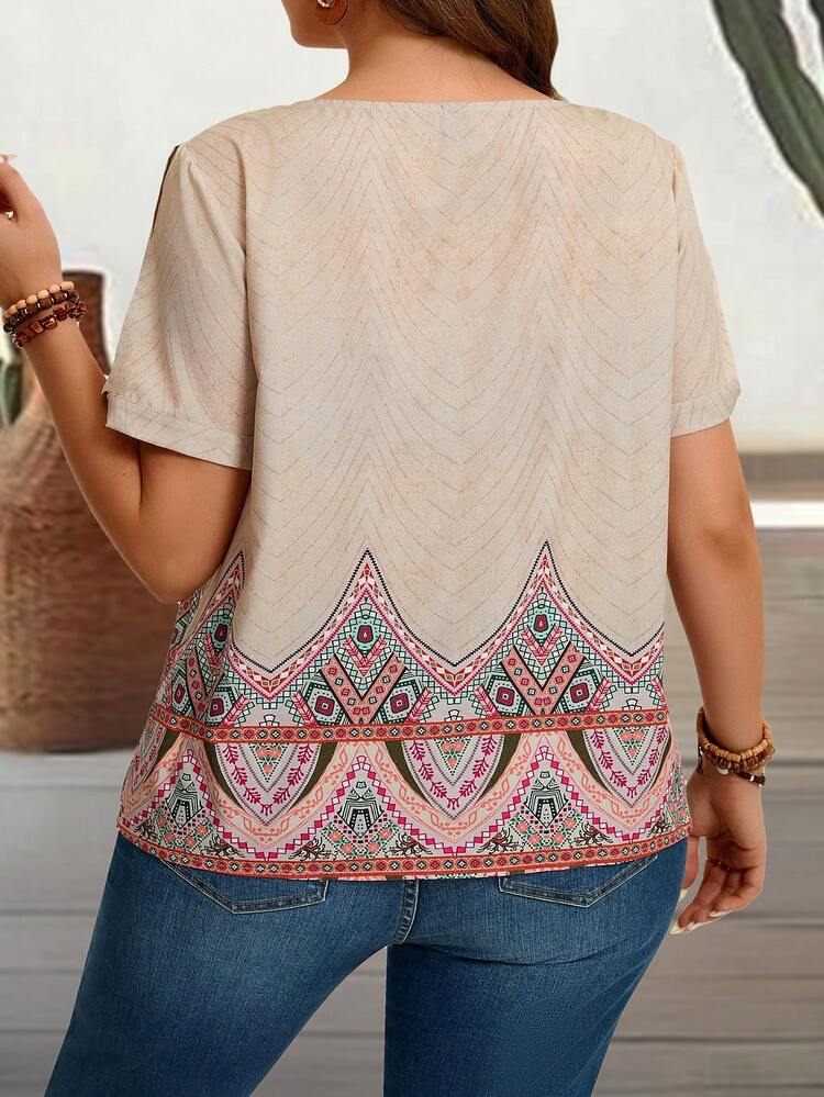 Plus Size Vintage Hollow-Out Printed Short Sleeve Vacation Casual Shirt