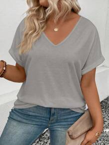 INAWLY T-shirt décontracté pour femme de grande taille à col en V et à manchettes retroussées, coupe décontractée, été