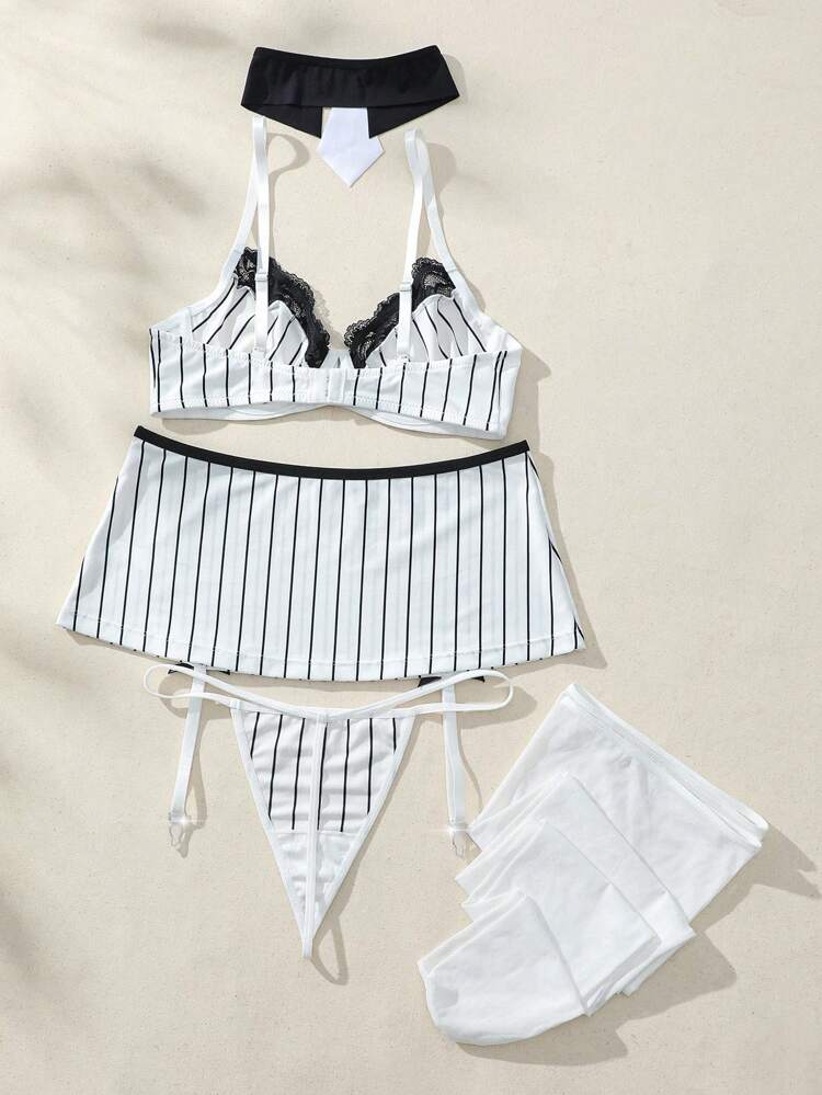 Women's Sexy Lace Patchwork Striped Printed Lingerie Set With Panties And Skirt