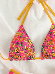 SHEIN Swim Conjunto de bikini sexy de mujer con arnés de flores pequeñas para playa de verano