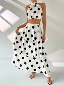 SHEIN Privé 女性款2件套波點印花長裙和背心上衣，適用於度假 - 白色 - 查看 3