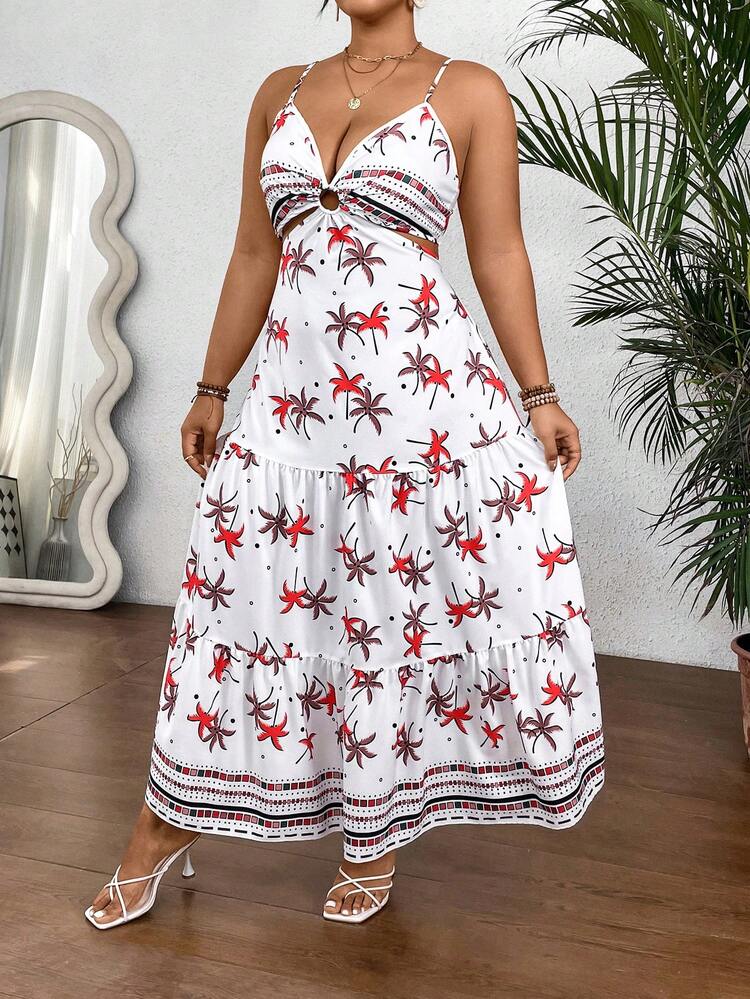 Plus Size Women Summer Vacation Style Palm Tree Printed Hollow Out Waist Strap Long Dress Maxi Women Outfit