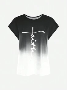 Zolique Ombre Letter Print Pleated Collar Short Sleeve T-Shirt And Solid Color Shorts Set For Summer - Black - View 5