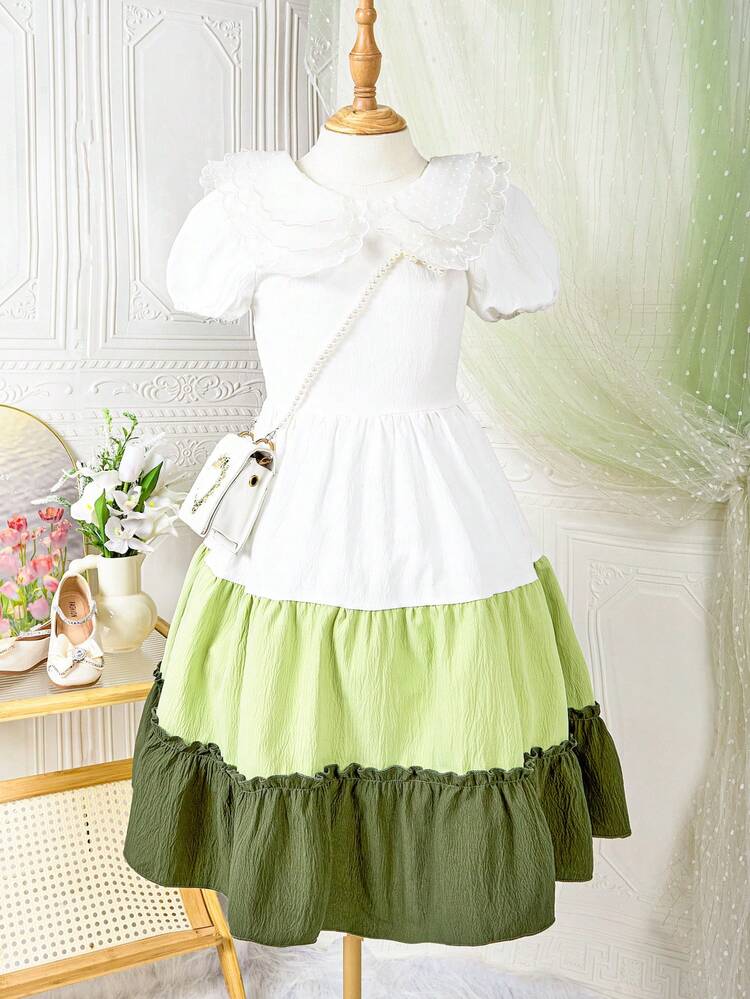 Tween Girl Peter Pan Collar Puff Sleeve Color Block Summer Dress